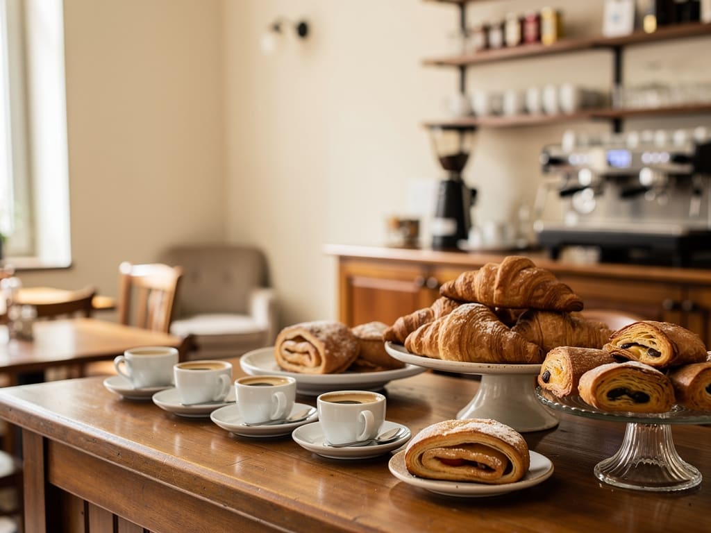 Interno accogliente di una caffetteria italiana con espresso e pasticceria fresca
