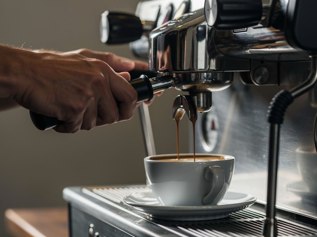 Mani di un barista mentre prepara un espresso alla macchina del caffè