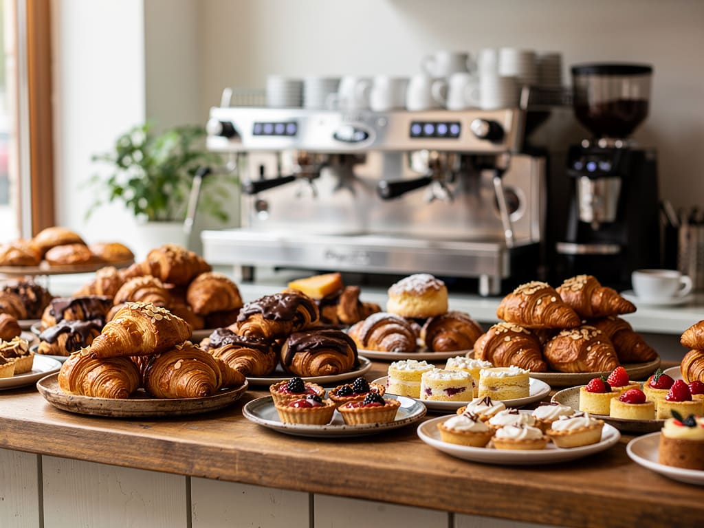 Banco di caffetteria con cornetti assortiti, piccoli dolci e macchina per espresso sullo sfondo